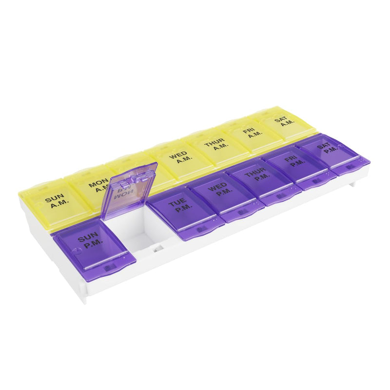 Ezy Dose Weekly (7-Day) AM/PM Pill Organizer, 2XL Planner, Purple/Yellow | Daily Medicine, Vitamin & Supplement Case, 2 Times a Day Pop-Up Compartments, Arthritis-Friendly, Travel-Friendly, BPA-Free Purple and Yellow