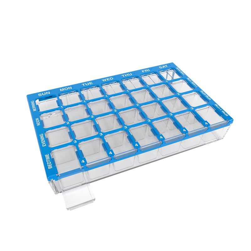 Ezy Dose Pharmadose Weekly 7-Day, 4X/Day Pill Organizer, Blue, Small | 28 Small Compartment Pill Case, Medicine Planner, Vitamin Organizer with Easy Fill Tray, BPA Free Small 6.25"x4"x1" (Pack of 1)