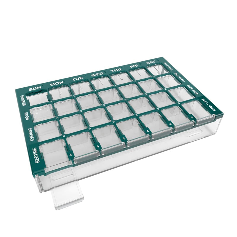 Ezy Dose Pharmadose Weekly 7-Day, 4X/Day Pill Organizer, Green, Medium | 28 Medium Compartment Pill Case, Medicine Planner, Vitamin Organizer with Easy Fill Tray, BPA Free Medium 8"x5.25"x1.25" (Pack of 1)