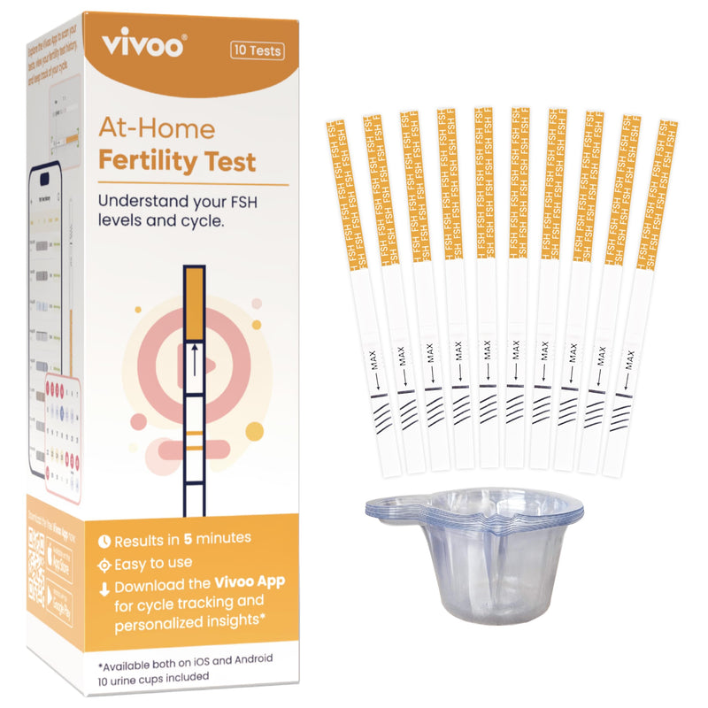 Vivoo FSH Fertility & Menopause Test — At-Home Ovarian Reserve and Perimenopause Hormone Test for Women | 10 FSH Test Strips + 10 Cups | 5-Min Results | Free App Tracking
