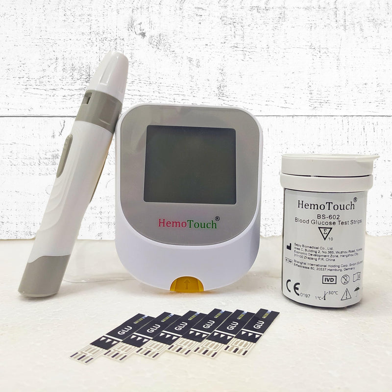 Blood Sugar Test Kit Includes Hemotouch Blood Glucose Meter, 1 Lancing Device, 10 Lancets, & 10 Test Strips, Diabetes Testing Kit for Blood Glucose Monitoring with strips Ejector.