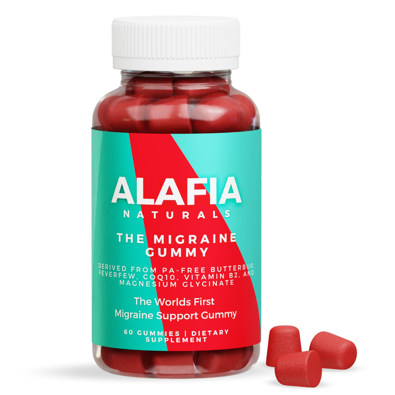 Alafia Naturals The Migraine Gummy - World's First Comfort and Support Gummy - Magnesium Glycinate, Butterbur, Feverfew, CoQ10, Vitamin B2 400mg Riboflavin 400mg 60ct Strawberry