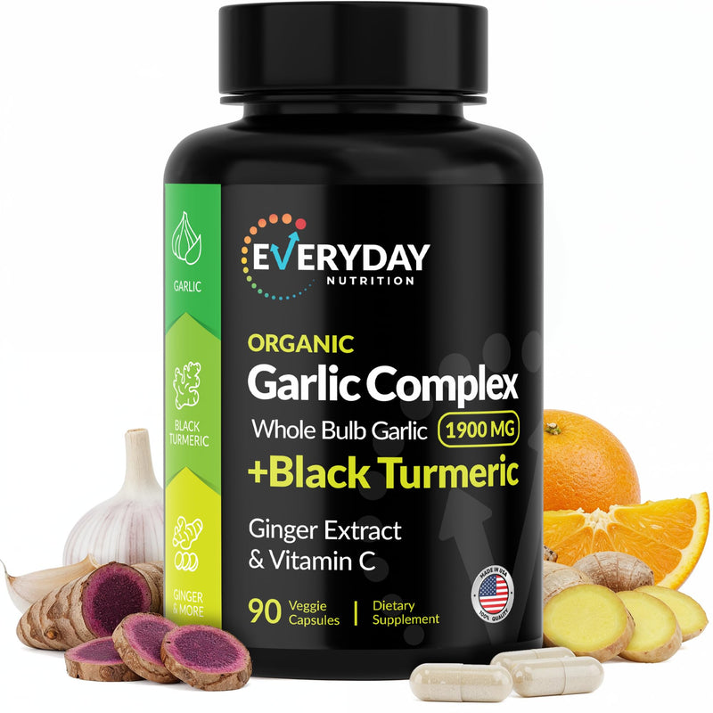 [Australia] - 4-in-1 Organic Odorless Garlic with Black Turmeric Supplements, 1900 mg Organic Whole Bulb Garlic, Turmeric, Ginger Extract & Vitamin C (90 ct) 