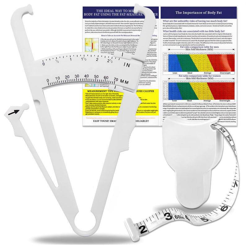[Australia] - Body Fat Caliper and Measuring Tape for Body,Body Fat Caliper Set with Body Fat Percentage Measure Chart for Accurately Measuring Body Fat (White) 