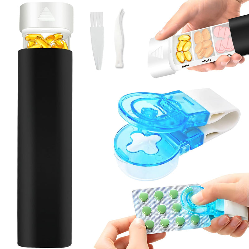 Weekly 7 Day Pill Organizer, Light Protected Sealed Moisture Resistant，Pill Taker, DKYEUD Travel Daily Pill Box, Cute Pill Case for Vitamins, Medicines, Supplements, Fish Oil, Black and White