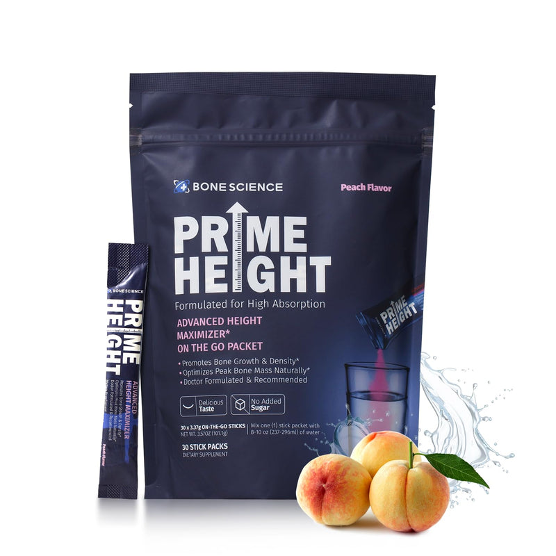 BONE SCIENCE PrimeHeight Kids Multivitamin Powder, Peach Flavor, 30 Sticks | Sugar-free peach drink mix with 16 key nutrients for bone and immune support; convenient single-serve sticks mix with water