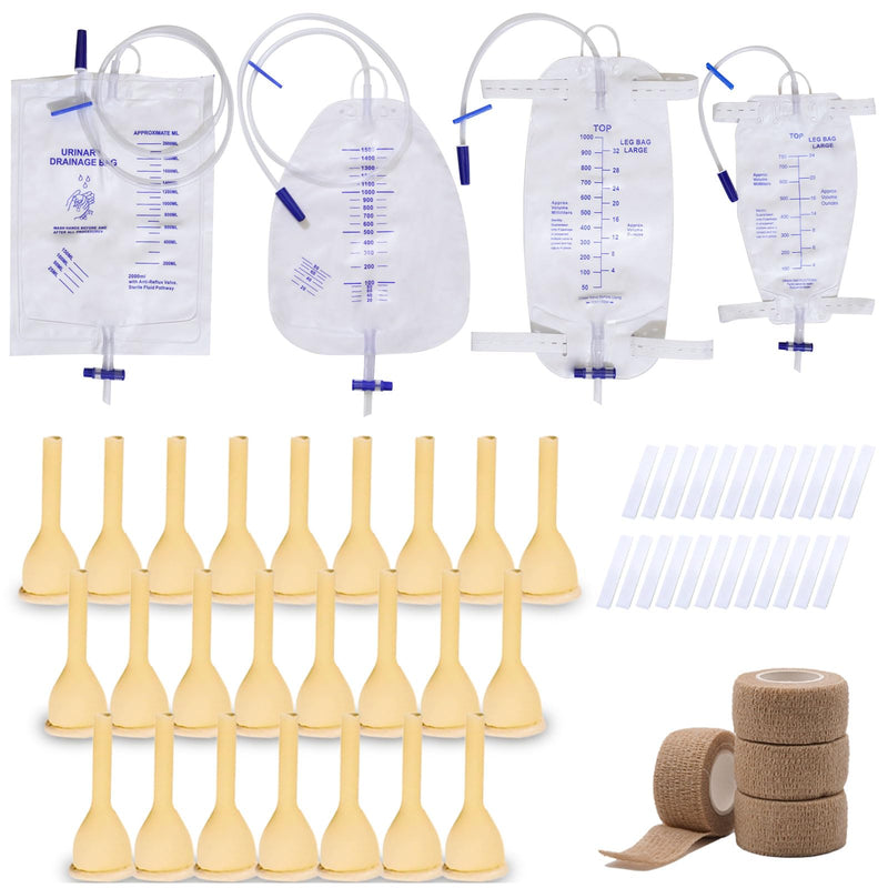 [Australia] - External Male catheters for Men, 24pcs Soft Latex Sets, 1 pcs 750 ml Leg Bag, 1 pcs1000 ml Leg Bag, 1 pcs 1500 ml Urine Bag, 1 pcs 2000 ml Urine Bag with 4 Rolls of Tape - Urine Collection (30mm) 30mm 