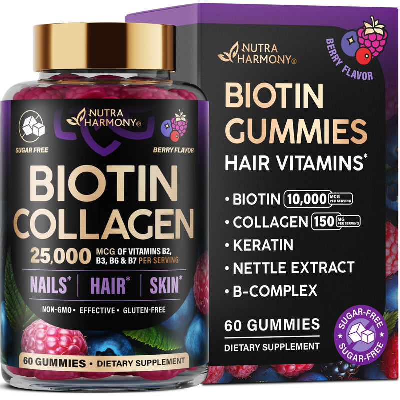 Biotin Gummies for Hair Growth Support - for Women & Men - Berry, 60 Gummy | Biotin 10000mcg, Collagen, Keratin, Hyaluronic Acid, B-Complex, Saw Palmetto - Hair, Skin & Nail Strengt Support - Sugar-Free Mixed berry 60 Count (Pack of 1)