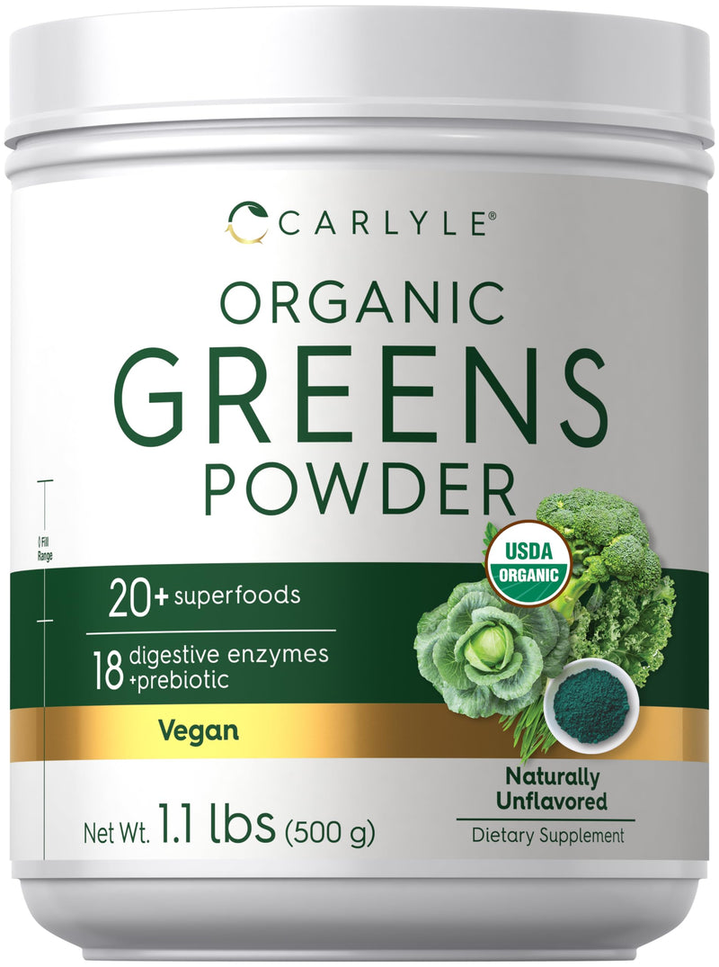 Carlyle Organic Greens Powder | 17.6 oz Supplement | For Occasional Gas, Discomfort & Bloating | 20+ Superfoods, 18 Digestive Enzymes & Prebiotics | Vegan, Non-GMO & Gluten Free
