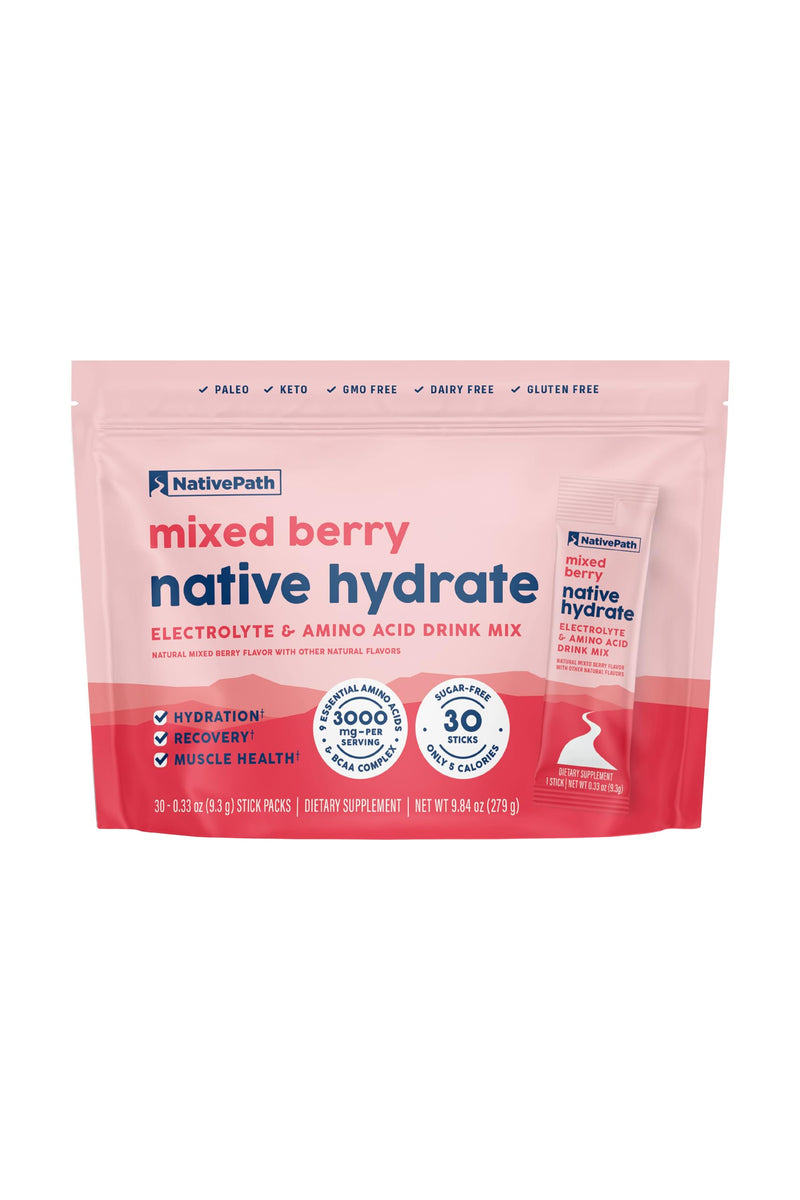 NativePath Hydrate Electrolyte Stick Packs, Mixed Berry, 30 Count | Single-Serve Sticks, 14 Vitamins & Minerals, 9 Aminos & 2000mg BCAAs, Zero Sugar, Hydration, Keto