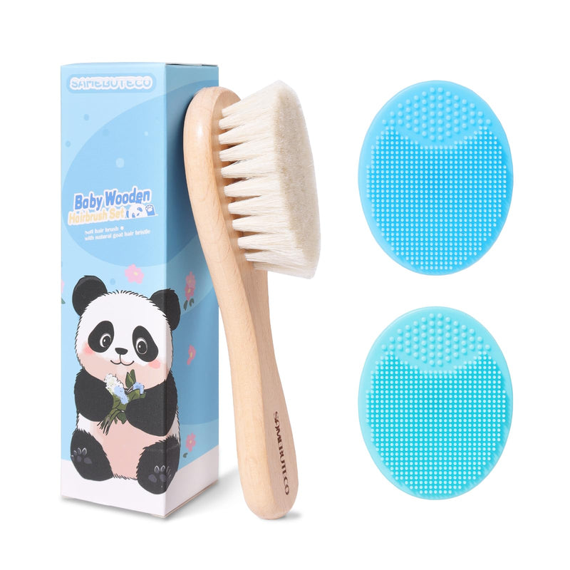 [Australia] - Baby Hair Brush and Cradle Cap Brush Set Goat Hair Bristles Brush 2 Pieces Silicone Cradle Cap Brushes Wood Handle Newborn Brush Kit for Newborns and Toddlers 3 Packs 