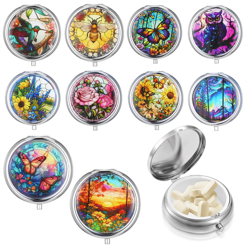 Molain 10Pcs Pill Organizer, Pill Box with Mirror, Portable Small Pill Case for Purse or Pocket, Cute Metal Pill Holder for Travel, Vitamins, Medication, Supplements 10 Pieces