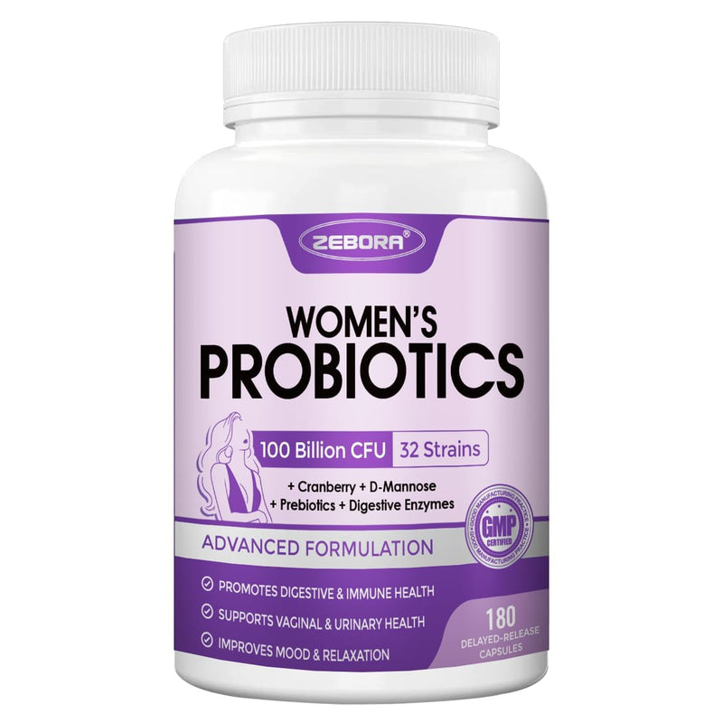 ZEBORA Probiotics for Women Digestive Health, 100 Billion CFUs, 90 Servings | With Digestive Enzymes, Prebiotics, D-Mannose, and Cranberry for Gut Health, Vaginal and Urinary Tract Balance 180 Count (Pack of 1)