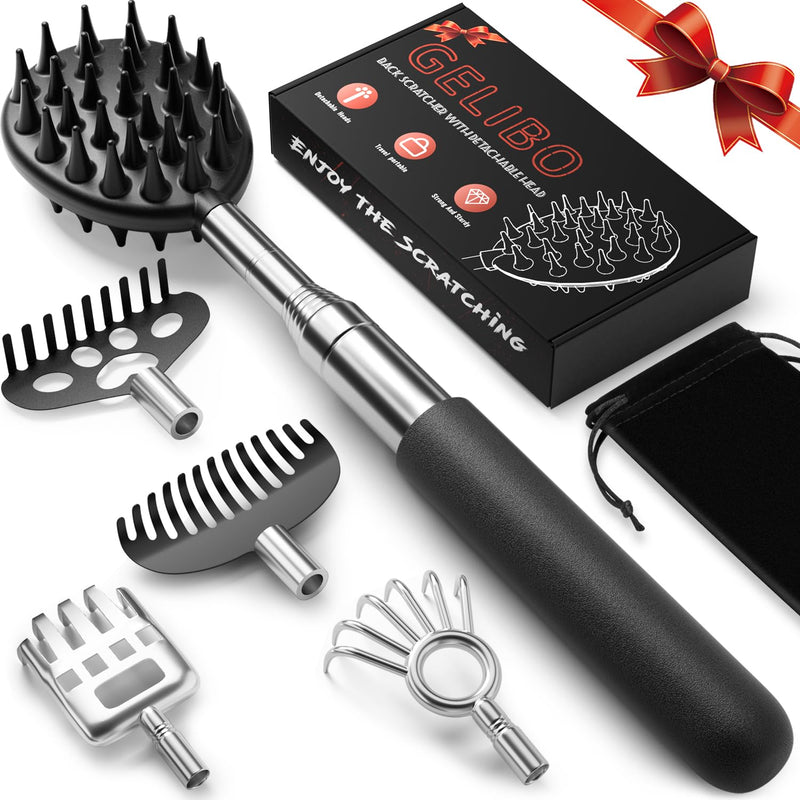 [Australia] - Gelibo Telescoping Back Scratcher with 5Pcs Detachable Heads,Birthday Christmas White Elephant Gifts for Adults Stocking Stuffers for Men, Mens Gifts, Extendable Back Massager Tool with Beautiful Box Black 