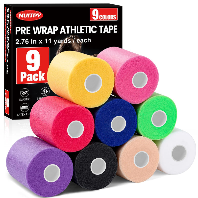 [Australia] - 9 Pack Pre Wrap Tape, 9 Colors 2.76 Inch x 11 Yards Prewrap Athletic Tape for Hair Soccer, Pre Wrap Foam Tape, Soccer Pre Wrap Tape, Prewrap Headbands for Hair Blue,pink,purple,white,red,black,skin,green,yellow 