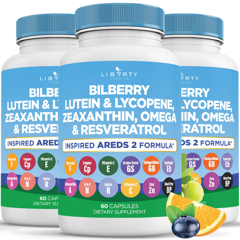 [Australia] - Eye Health Vitamins with Bilberry, Lutein & Zeaxanthin, Lycopene, Resveratrol, Grape Seed Extract Flaxseed Astaxanthin- AREDS 2-180 Capsules 60 Count (Pack of 3) 