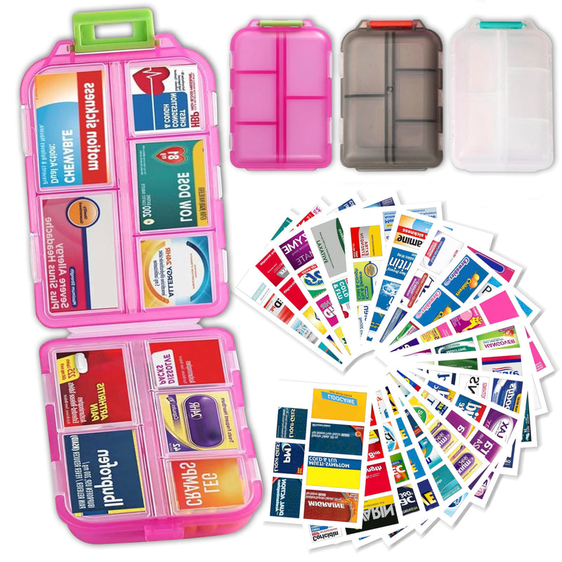 3 Pack Pill Organizers with Medicine Labels, Pink White Grey | 3 compact pill cases with 3x161 medicine labels for 7-day planning, vitamins, travel, family use, and separate routines Pink+white+grey Standard