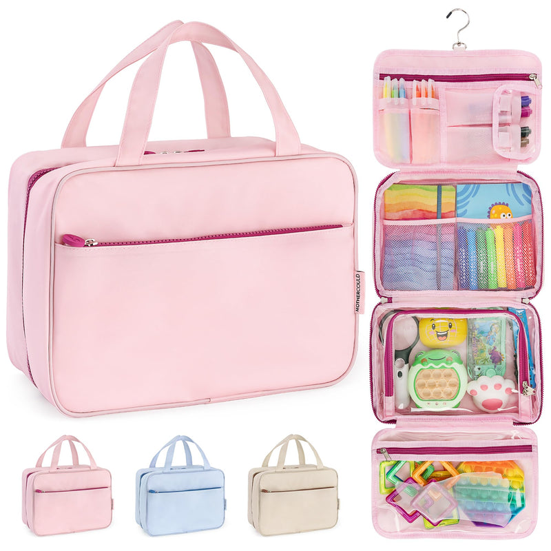 Kids Travel Organizer – Multi-Compartment, Water-Resistant Hanging Bag for Toys, Snacks, & Activities - Compact, Lightweight Design with Hook & Carry Handle - Perfect for Travel Use (Pink, Large) Pink