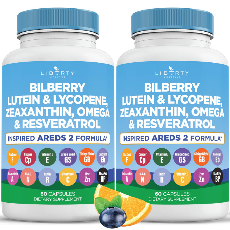 Liberty Lifestyle Eye Health Vitamins with Bilberry, Lutein & Zeaxanthin, Lycopene, Resveratrol, Grape Seed Extract, Flaxseed Astaxanthin- AREDS 2-120 Capsules 60 Count (Pack of 2)