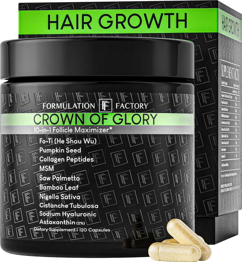 Formulation Factory Crown of Glory 10-in-1 Hair Growth Products - DHT Blocker for Men & Women with Pumpkin Seed Oil - Hair Vitamins for Faster Growth & Thickness - 120 Capsules, 2 Month Supply 120 Count (Pack of 1)