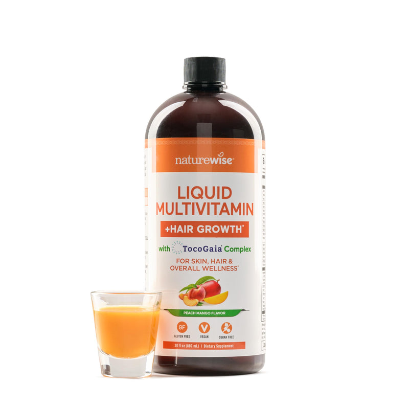 NatureWise Liquid Multivitamin Hair Growth for Women & Men + Tocogaia® for Hair Growth & Skin Elasticity Support + Biotin, Vitamin D, E, B - Sugar Free Multivitamin, Vegan - 30 fl oz[30 Servings] Peach Mango 30 Fl Oz (Pack of 1)