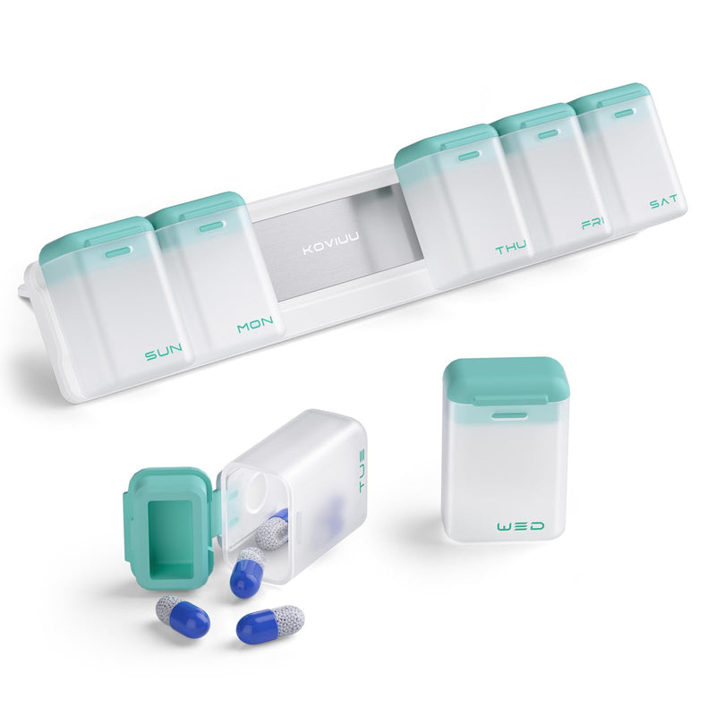 KOVIUU Weekly Pill Organizer, Magnetic Medicine Vitamin Case 1 Time a Day | Week Once Daily Supplement Box, Removable Medication Container Holder for Fridge, 7 Day Large Travel Pill Dispenser, Cyan