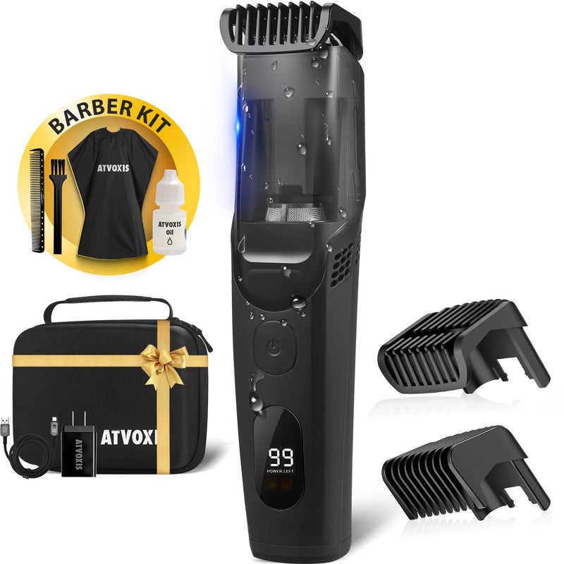 [Australia] - Vacuum Beard Trimmer for Men Rechargeable, IPX6 Waterproof Mustache Trimmer with Adjustable Length Combs (1/25’’-4/5’’), Men’s Electric Stubble Trimmer, Cordless with Built-in Vacuum (Black) Black 