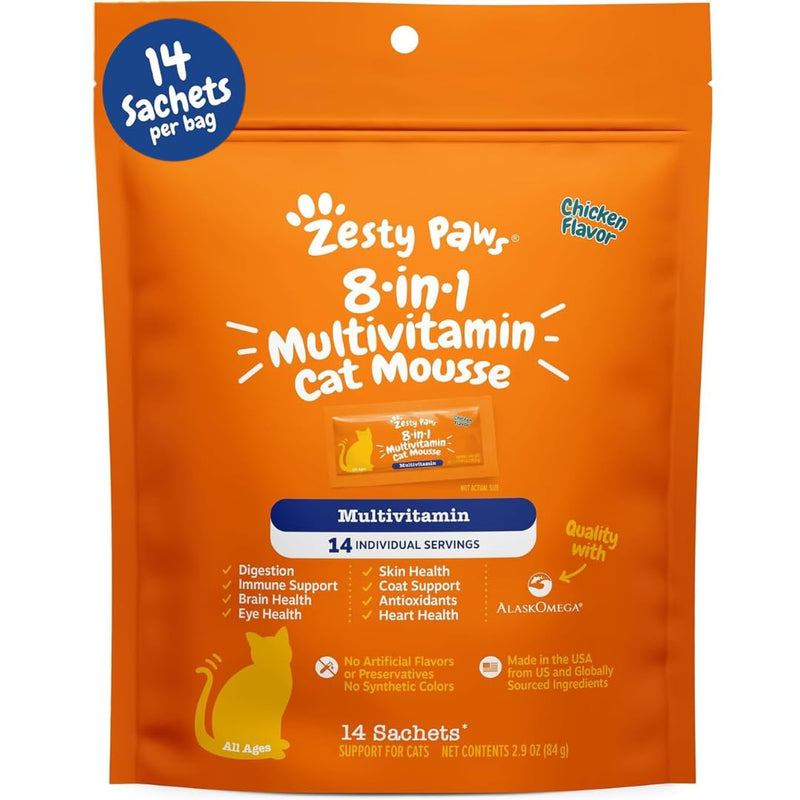 Zesty Paws 8-in-1 Multivitamin Cat Treats Lickables Mousse for Cats - Healthy Cat Treats for Indoor Cats - Cat Squeeze Up Daily Multivitamin for Gut, Immune, Heart, Skin & Coat Support - Chicken 14ct - PawsPlanet Australia