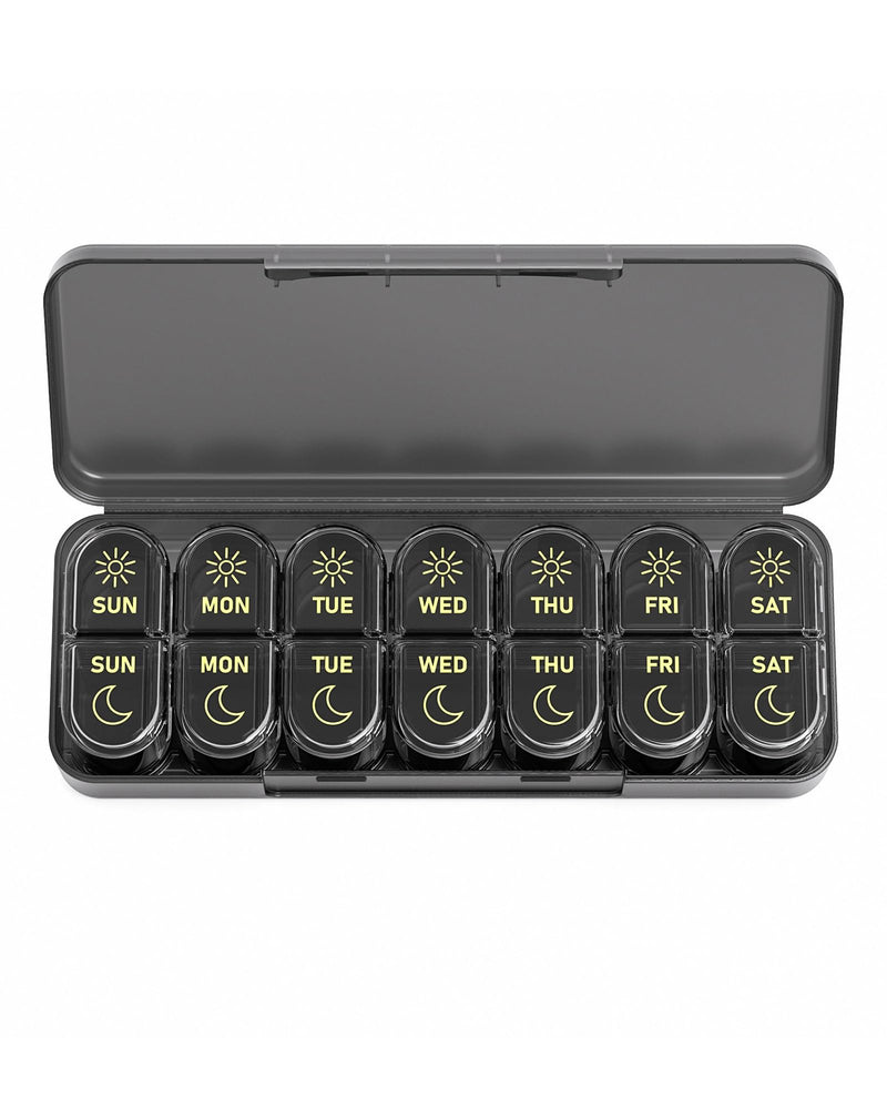 Daviky Weekly Pill Organizer 2 Times a Day, AM PM Pill Box 7 Day | Portable Travel Design, Easy-Open Compartments, Large Capacity, Compact, Reusable for Pills, Vitamins & Supplements Black