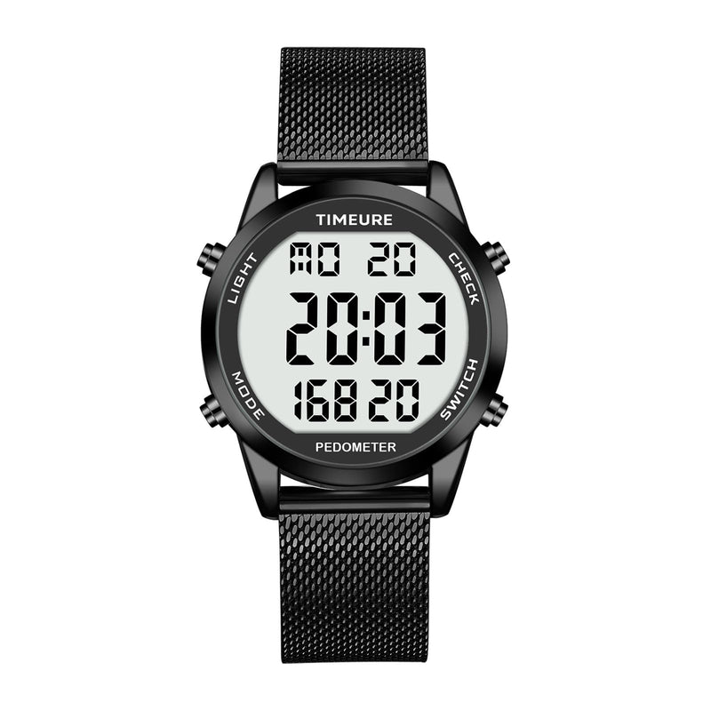 [Australia] - Men's Pedometer Watch with Stainless Steel Bracelet,Step Counter Watch No App, No Charging Needed for Ourdoor Walking, Calorie, Distance, Alarm, Countdown Timer Watch TU-2306B TIMEURE black 