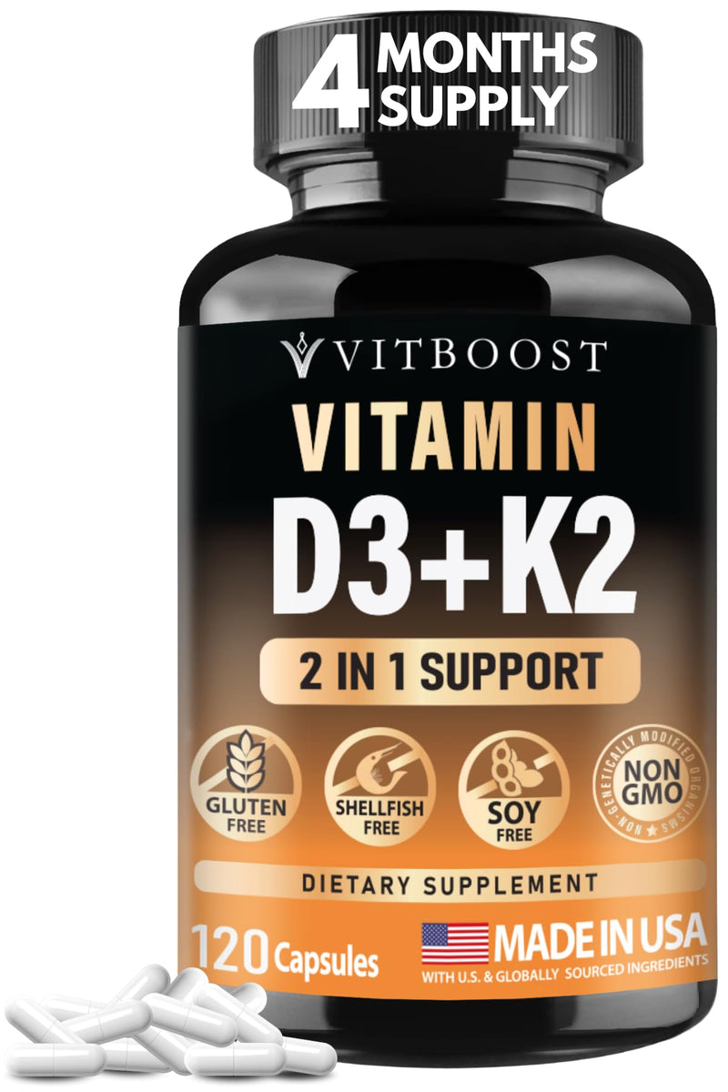 VITBOOST Vitamin D3 K2 Complex - 5000 IU (125 mcg) D3 & K2 (MK-7) 90 mcg | Easy to Swallow Vitamin D | Non-GMO | Gluten-Free | USA Made, 3rd Party Tested, 120 Capsules 120 Count(Pack of 1)