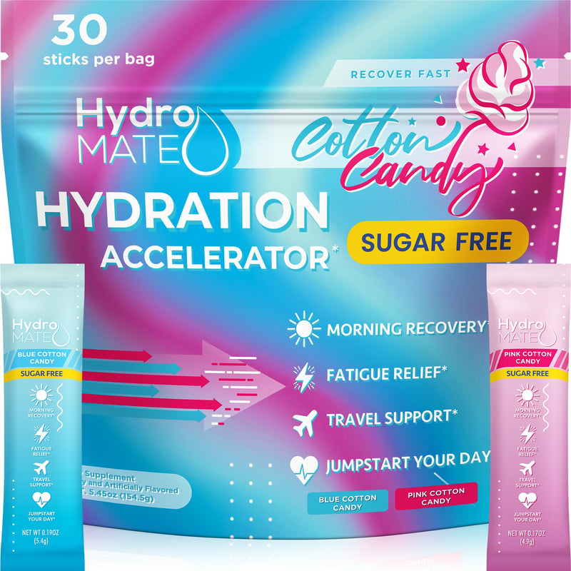 HydroMATE Cotton Candy Sugar Free Electrolyte Powder Packets, 30 Count | No Caffeine, Drink Mix, Water Enhancer, Magnesium, Potassium & Vitamin C, Keto-Friendly, Zero Calorie, Stock-Up Size 30 Count (Pack of 1)