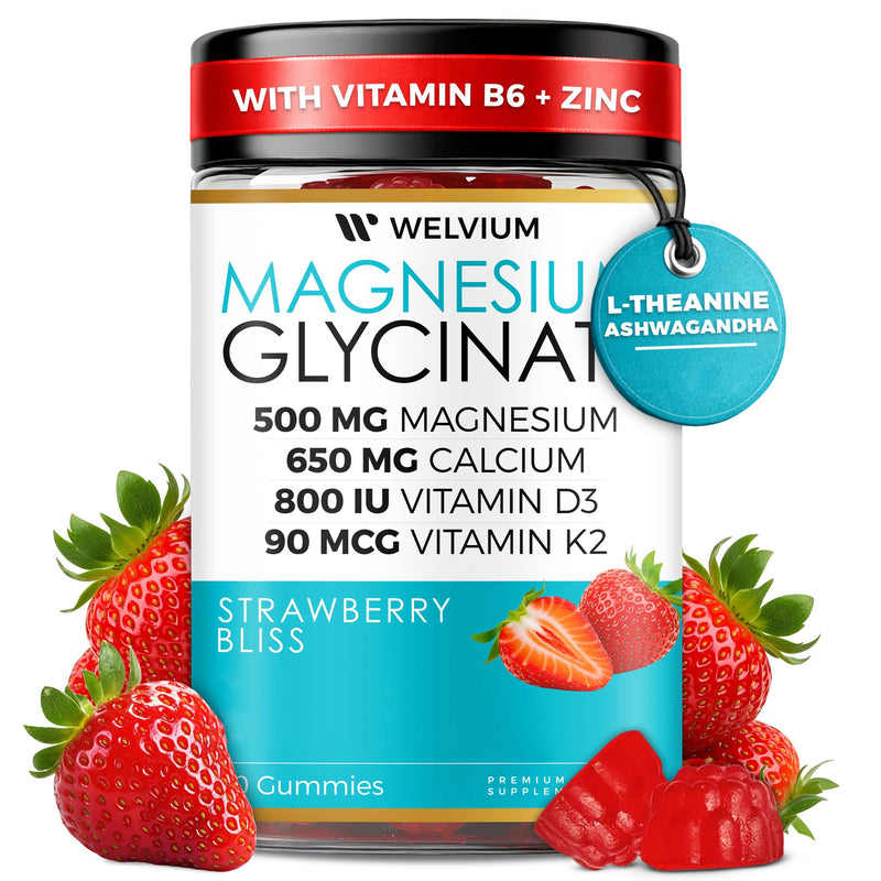 Magnesium Glycinate Gummies with Ashwagandha, L-Theanine & Vitamins | 500mg Magnesium Glycinate, D3, K2, B6, Calcium, Zinc, Potassium Supplement for Immune Support, Chewable Magnesium