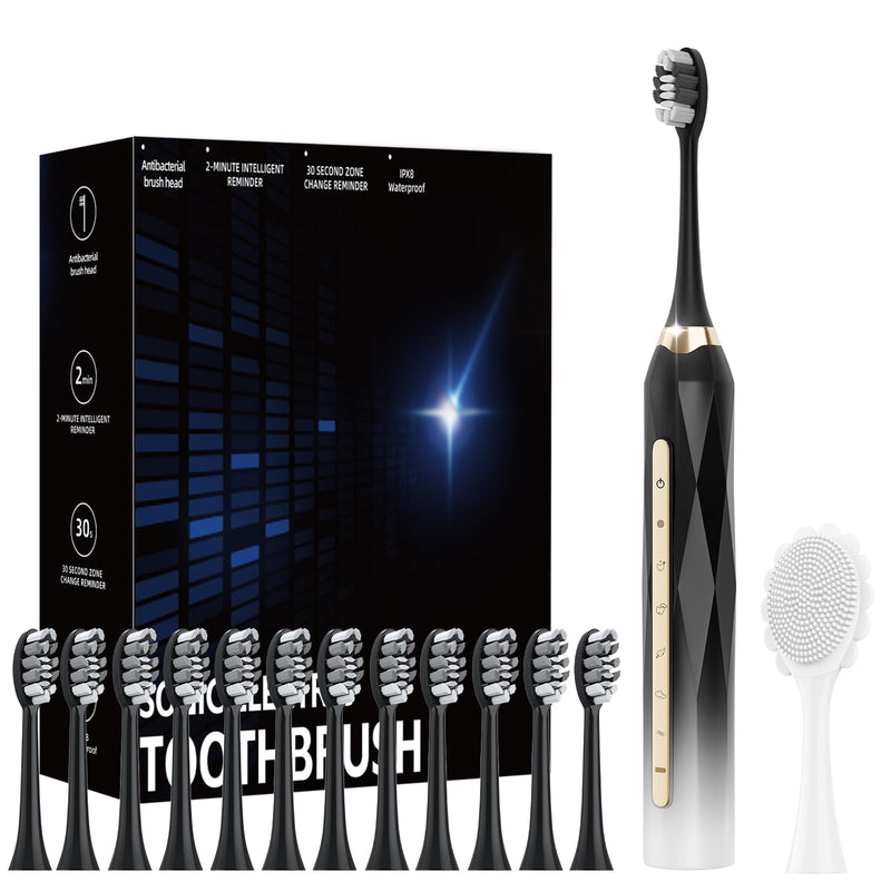 Adult Sonic Electric Toothbrush, USB Rechargeable Sonic Toothbrush, with 12 Brush Heads, 5 Modes, Equipped with Cleaning Brush, Brushing and Washing Two in one Black White