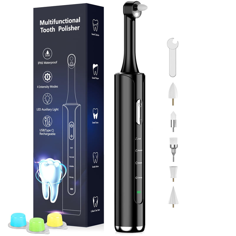 [Australia] - Tooth Polisher, Rechargeable Teeth Polisher with 5 Brush Heads, 4 Speed Modes, Tooth Whitening Kit for Cleaning and Polishing, LED Light, 3 Polish Pastes, IPX6 Waterproof Teeth Cleaning Tools, Black 