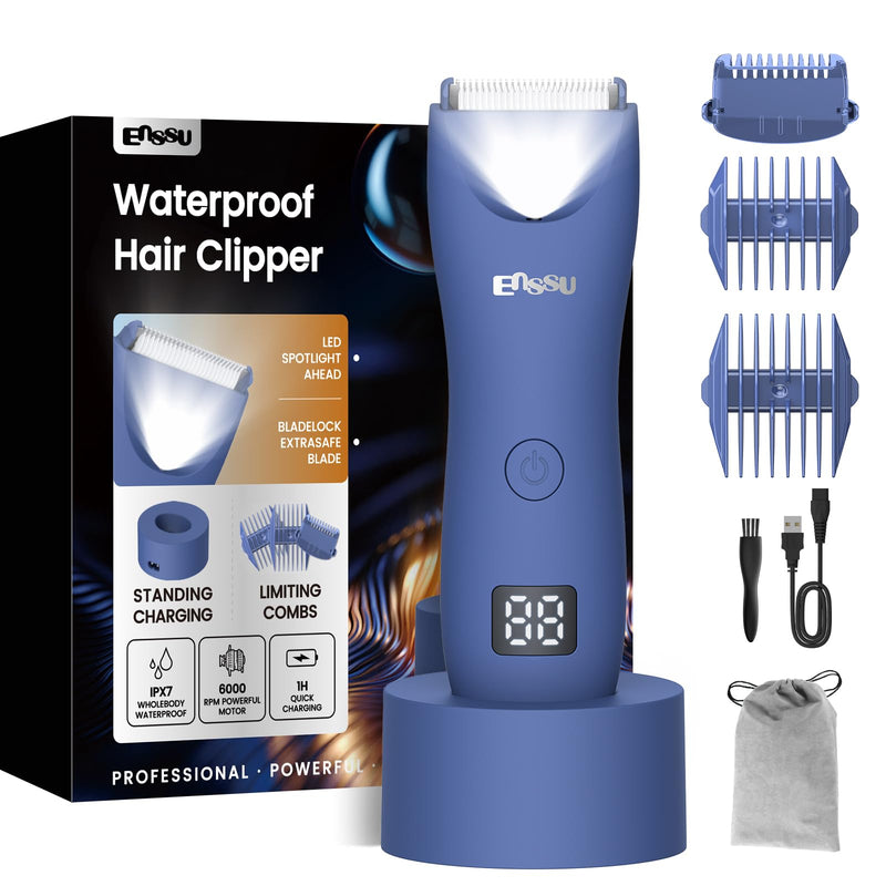 [Australia] - Body Hair Trimmer for Men with Light, IPX7 Waterproof Ball Pubic Groin Hair Trimmer for Man with Ceramic Blade, Rechargeable Body Groomer for Men with Charing Dock,LED Display,Blue Blue 
