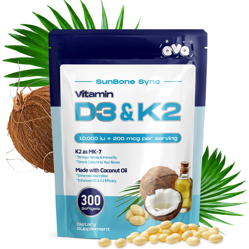300 Pcs 2 in 1 Vitamin D3 10000 iu Plus K2 (MK-7) 200 mcg Virgin Coconut Oil Softgels with Vitamins D & K Supports Calcium Absorption, Bone, Immune, & Heart Health – Easy to Swallow 10000 IU Coconut Oil 300 Softgels