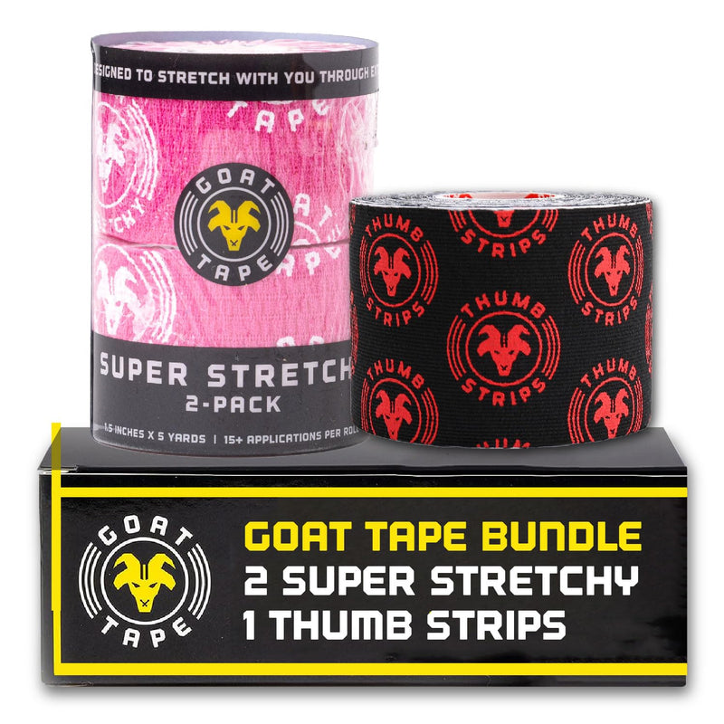 Goat Tape Pink Super Stretchy Premium Thumb Tape and Pre Cut Black Athletic Tape for Fingers - Extra Sticky Elastic Athletic Thumb Tape for Weightlifting