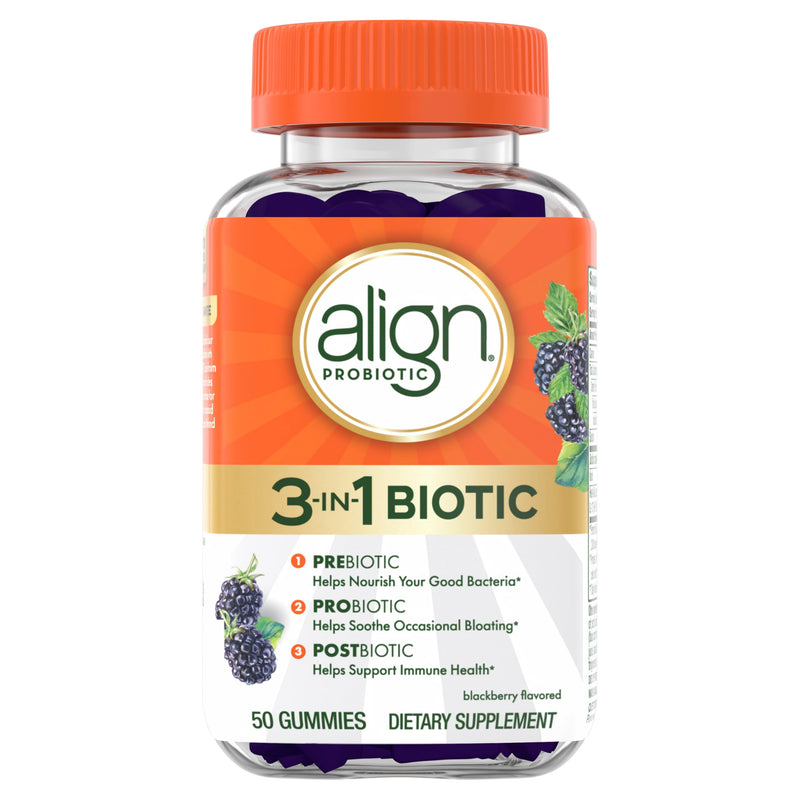 [Australia] - Align Probiotic, 3-in-1 Biotic Gummies, Prebiotic + Probiotic + Postbiotic, #1 Doctor Recommended Probiotic Brand‚Ä°, Helps Relieve Occasional Bloating*, BlackBerry Flavor, 50 Gummies 