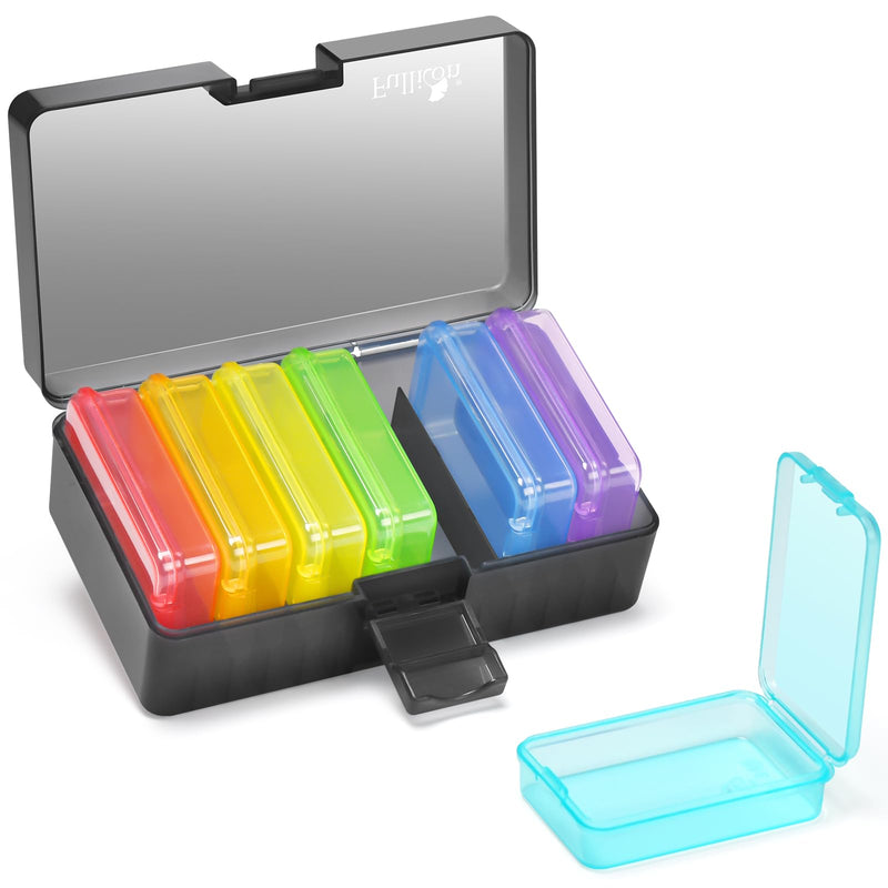 Fullicon Portable Travel Pill Organizer, One Time a Day, Black Rainbow | Each Compartment Holds 6 Fish Oils, 10 Vitamins, or 9 Capsules, Easy Fill, Secure Lock, Durable Buckle, Labels Included