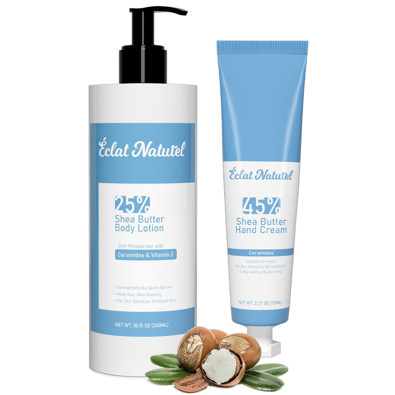 Shea Butter Hand Cream and Body Lotion, with Vitamin E Ceramide Niacinamide Moisturizing Cream for Dry Skin Care, 2.37 Fl Oz Hand Cream & 10.15 Fl Oz Body Lotion Vitamin E & Ceramides 12.52 Fl Oz (Pack of 1)