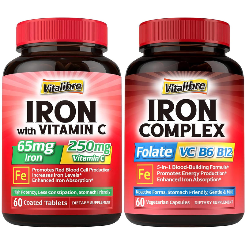 Iron Supplement for Women & Men, with Vitamins C, B6, B12 & Folate + Iron Supplement, 65mg Carbonyl Iron with 250mg Vitamin C