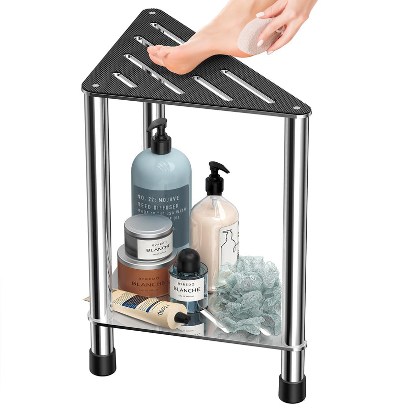 [Australia] - Stainless Steel Shower Stool for Inside Shower, 15.4'' H Shower Foot Rest, Corner Shower Stool with Storage Shelf, Shower Step for Shaving Legs, Bathroom Corner Shower Bench, Silver Medium 