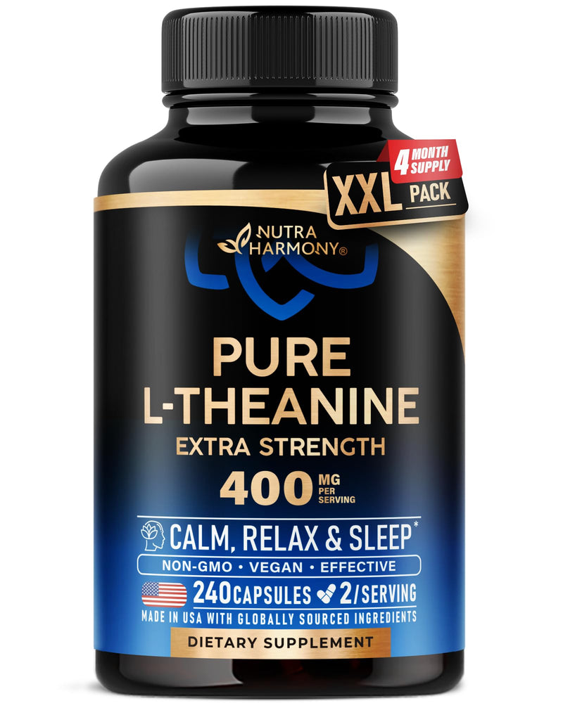 L-Theanine 400 mg - L Theanine for Stress Relief - Plant Based - 240 Caps | Extra Strength L Theanine Supplement for Men & Women - Relaxation, Sleep & Calm Support - Lab Tested, Vegan, Non-GMO 240 Count (Pack of 1)