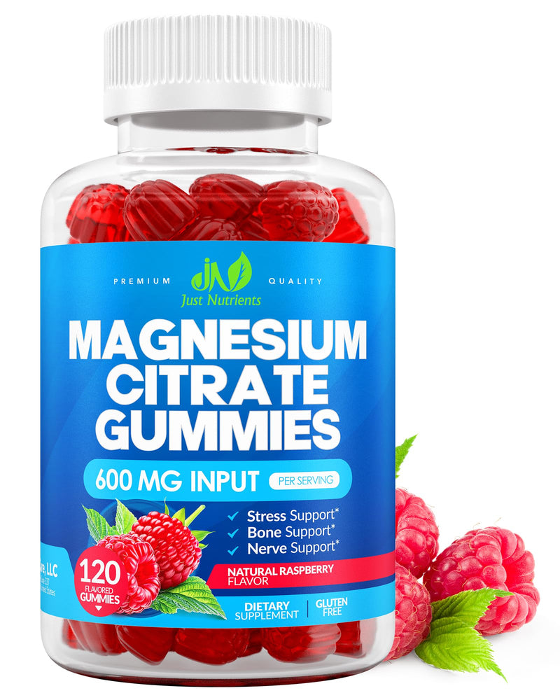 Magnesium Citrate 600mg Gummies (120 Count) - Maximum Strength, Supports Calm, Bone, Heart & Nerve Health - Gluten-Free, Non-GMO, Vegetarian, Great Tasting Raspberry Flavor - 60 Servings