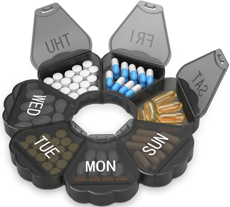 Enlarged Weekly Pill Organizer 7 Day, Daily Pill Box with Never Faded Etched 3D Date Labels, Travel Pill Case with Large Compartment for Medication, Vitamin, Fish Oil, Supplements(Black) Black