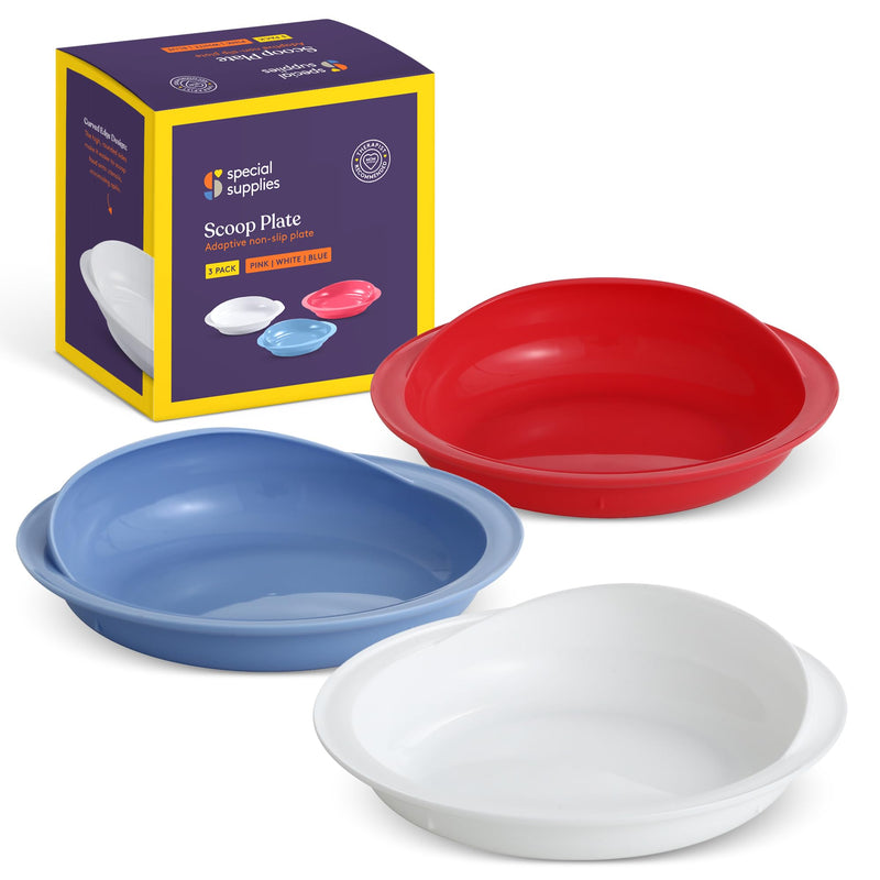 [Australia] - Special Supplies Adaptive Spill-Proof Scoop Plates- Dishes with Wall for Disabled, Elderly Adults with Special Needs from Parkinson's, Dementia, Tremors- 3 Pack (White, Blue, Red) 