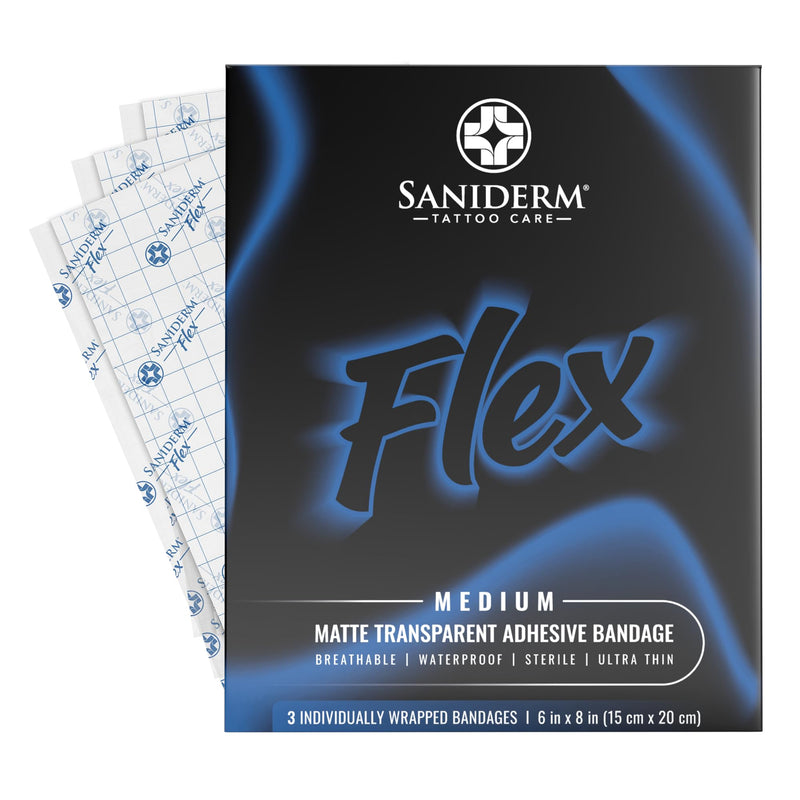 [Australia] - Saniderm Flex Tattoo Aftercare Bandage (New) (3 Sheets, 6 in x 8 in) ‚Äì Convenient, Faster Tattoo Healing and Protection ‚Äì Sterile, Waterproof, Ultra Flexible, Tatoo Aftercare Wrap ‚Äì Matte Finish 6" x 8" (3 Sheets) 