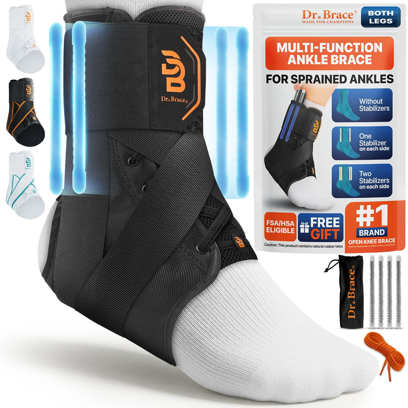 [Australia] - Dr. Brace®️ Breathable Ankle Brace For Sprained Ankle, Slim Fit. Unique Multi-Function Removable Stabilizer- Quick Lace Up Ankle Support for Women Men, Easy to use for Injury, Sprain, Sports (Black, Medium) Black 