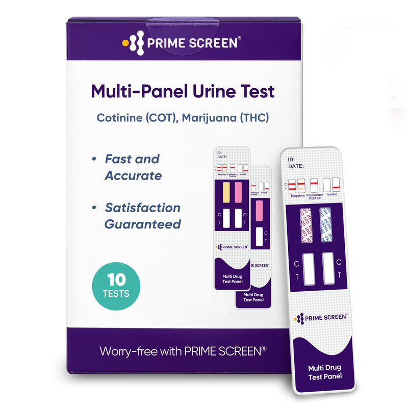 Prime Screen THC & Nicotine (Cotinine) Combo Test Kit-Detects THC (Weed) and Nicotine Metabolite Cotinine (COT) for Vaping, Smoking, and Tobacco Use [10 Pack]